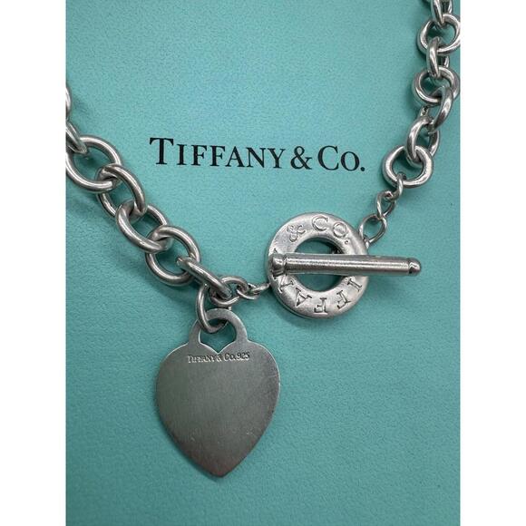 Tiffany & Co 925 Sterling Silver Heart Tag Charm Toggle Clasp 16" Necklace - Picture 1 of 16
